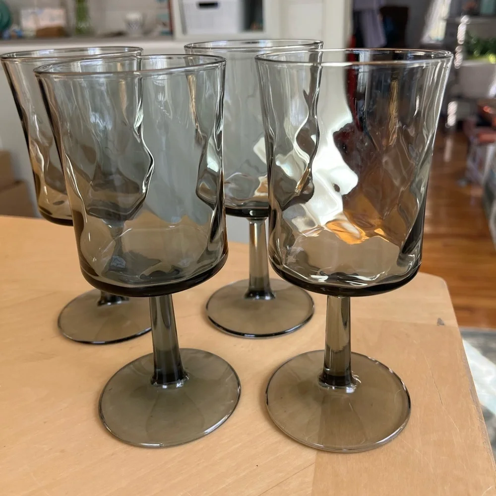 Vintage Libbey Smoke Gray Optic Swirl goblet set of 4, 8 oz.